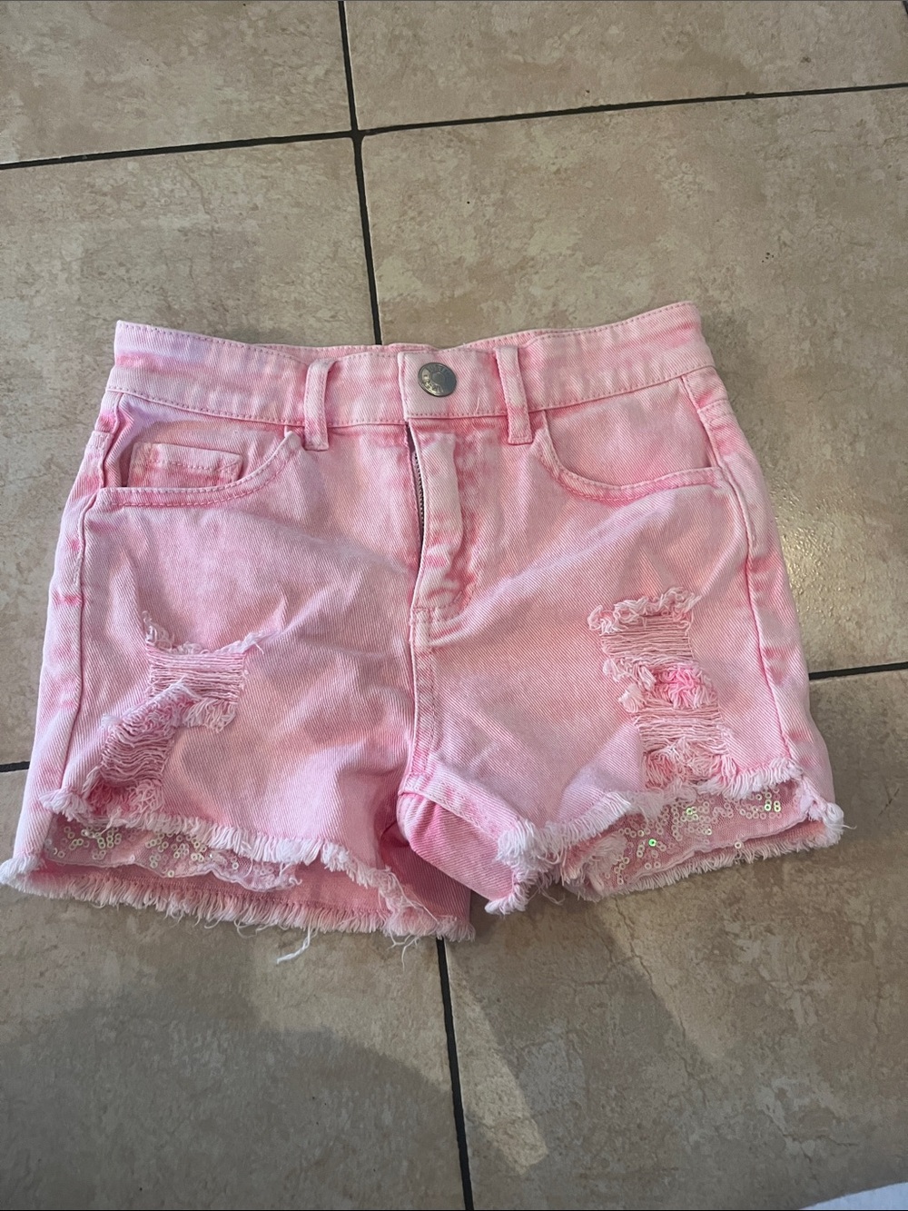 Justice Light Pink Distressed Denim Shorts with Sequin Trim
